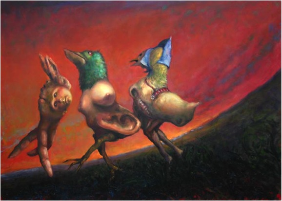 robert-jessup-three-friends-at-the-edge-of-the-world-2009-oil-on-canvas-50-x-50-inches